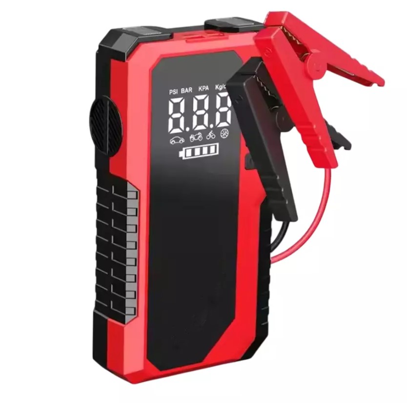 Jumper with Inflator Red – 1200A Jump Starter + 100PSI Tire Inflator, Digital Gauge | QC3.0 USB, Heavy Duty Cables, LED Light | UAE Multi-Function Automotive Roadside Rescue Kit 